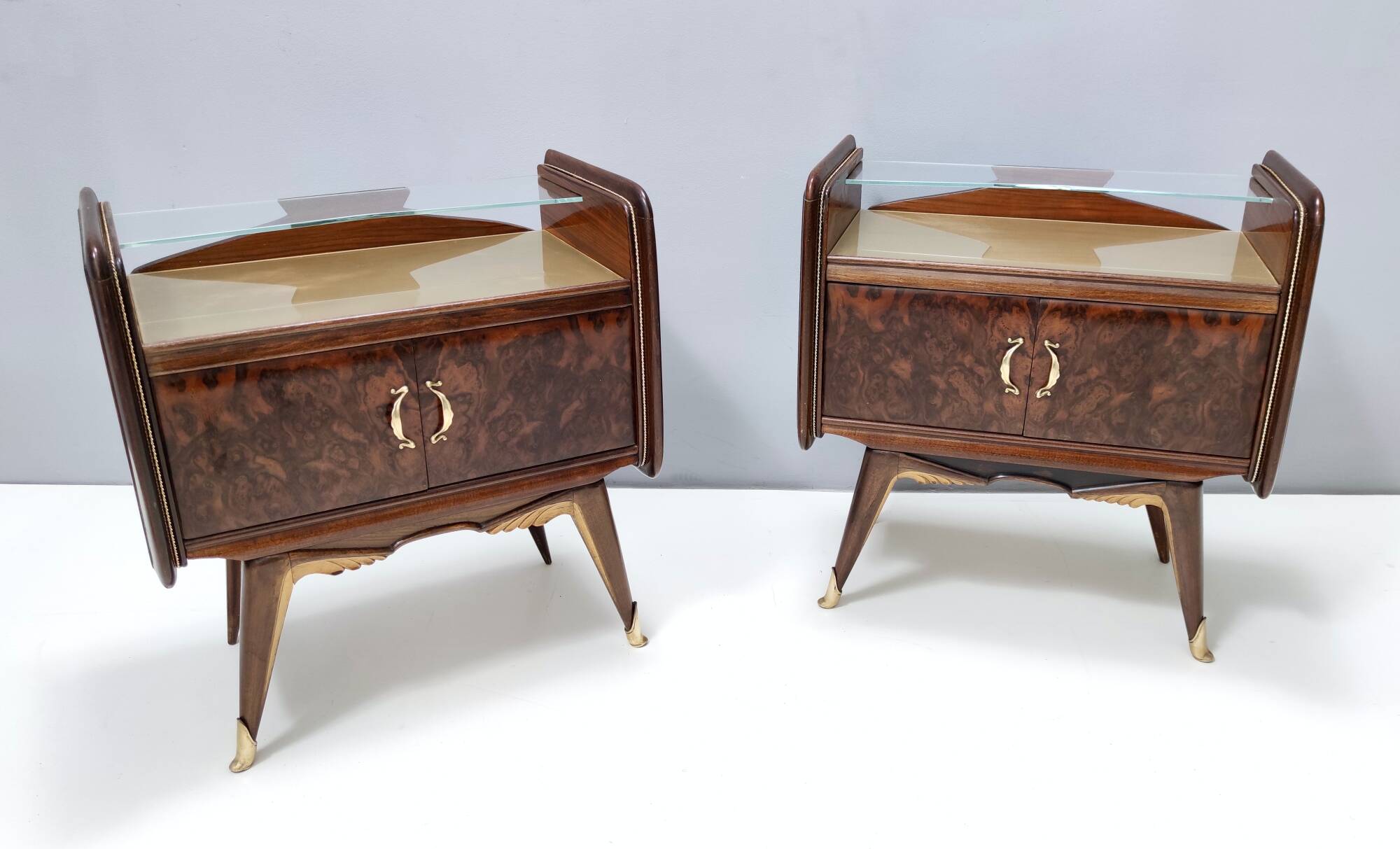 Pair of Walnut Nightstands with Golden Back-Painted Glass Top, Italy