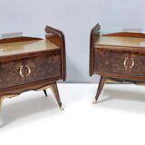 Pair of Walnut Nightstands with Golden Back-Painted Glass Top, Italy