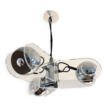 Vintage Chrome & Acrylic Pendant Lamp in the Style of Gino Sarfatti , 1970s