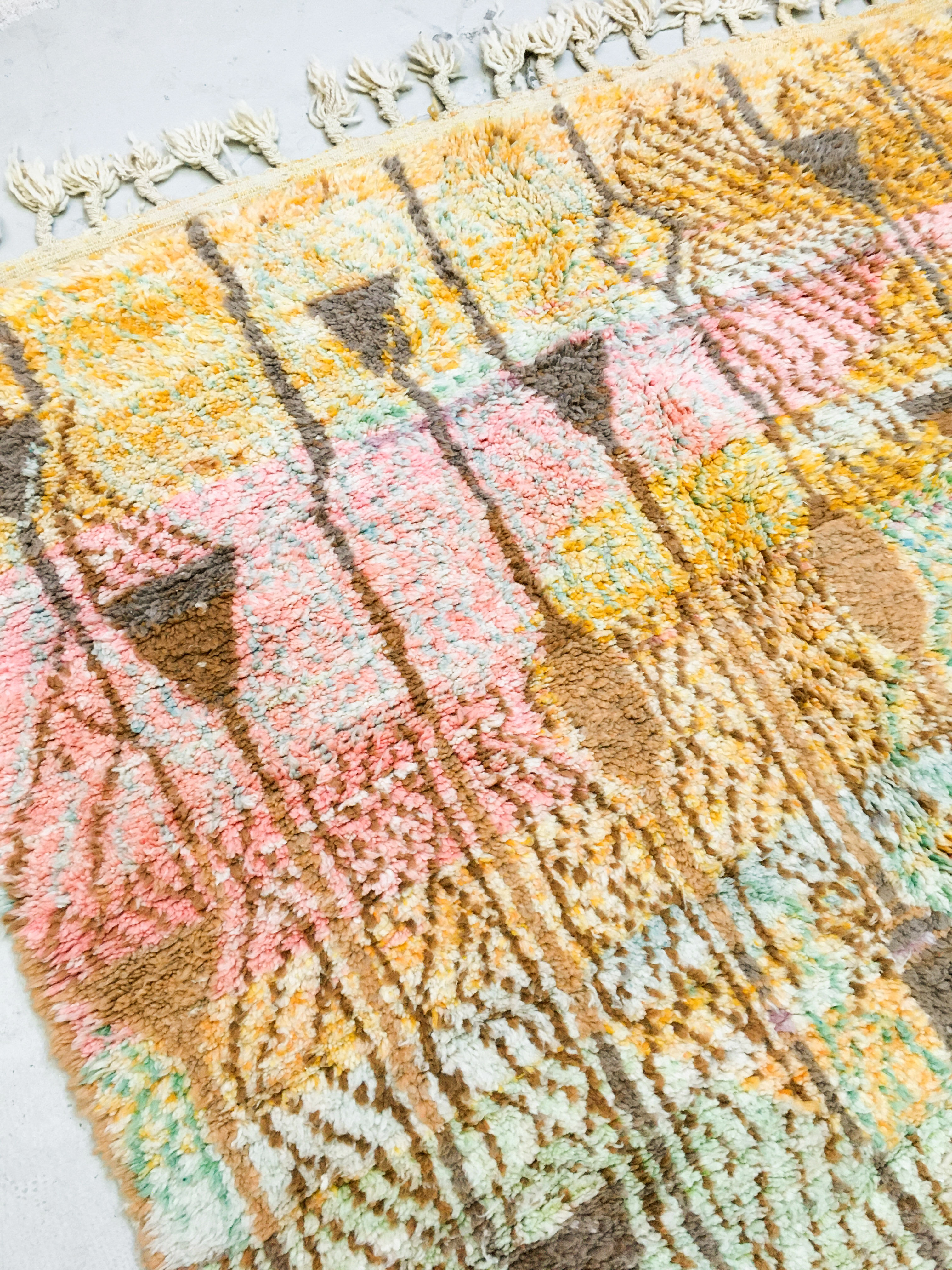 Moroccan Berber rug Boujaad ochre with colorful patterns 297x197cm