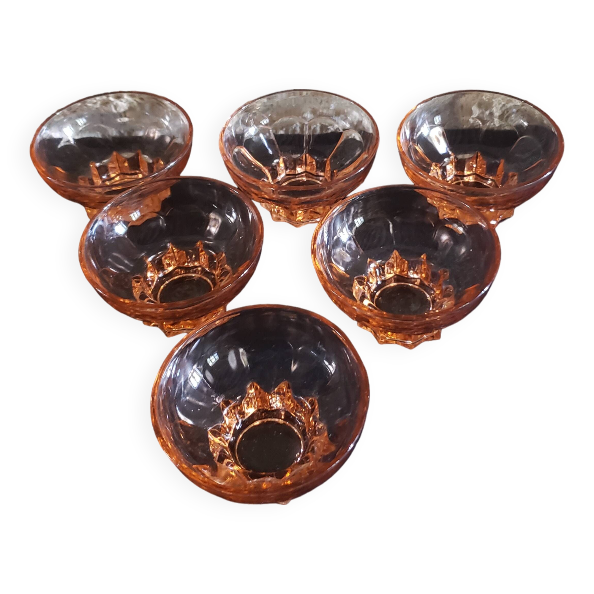 6 pink glass cups with star base