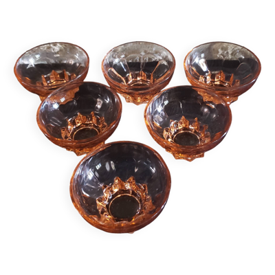 6 coupelles verre rose pied étoile