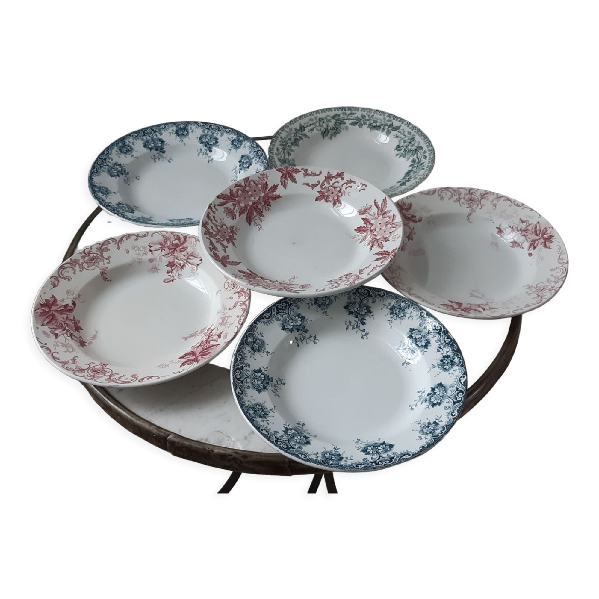 Set of 6 hollow plates Terre de Fer XIXth Saint Amand "Campanule" "Anémone"