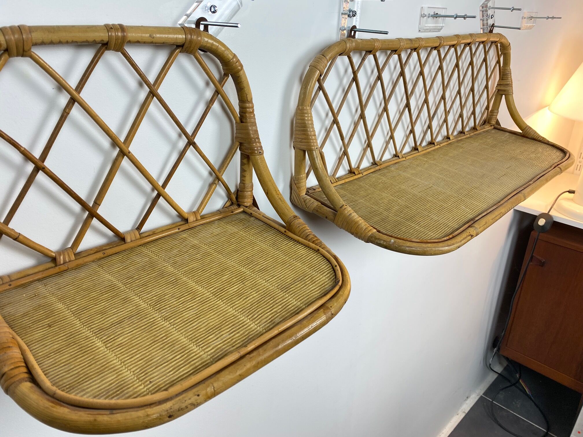 Pair of vintage rattan wall shelves 70s