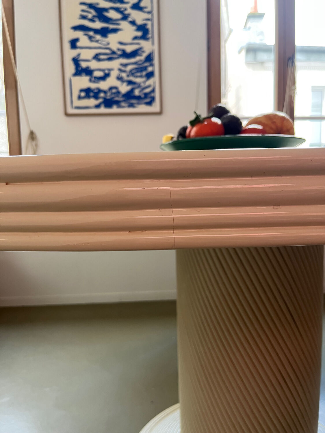 Vintage table, beige lacquered top and bamboo legs.