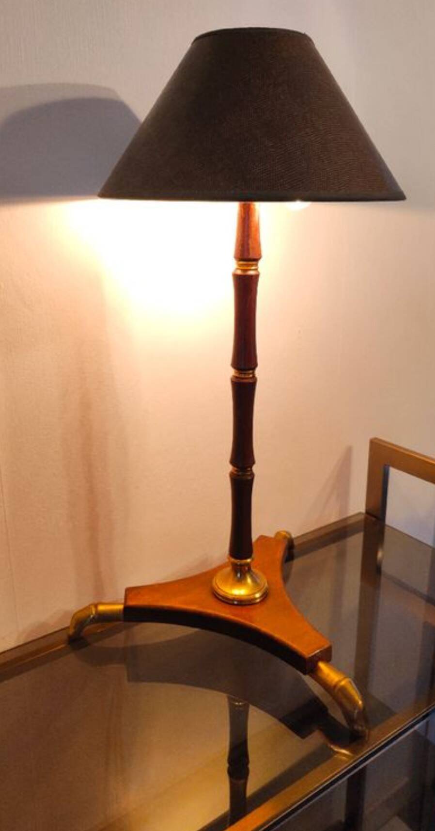 Modernist art deco lamp 1950 wood and brass signed France Paris