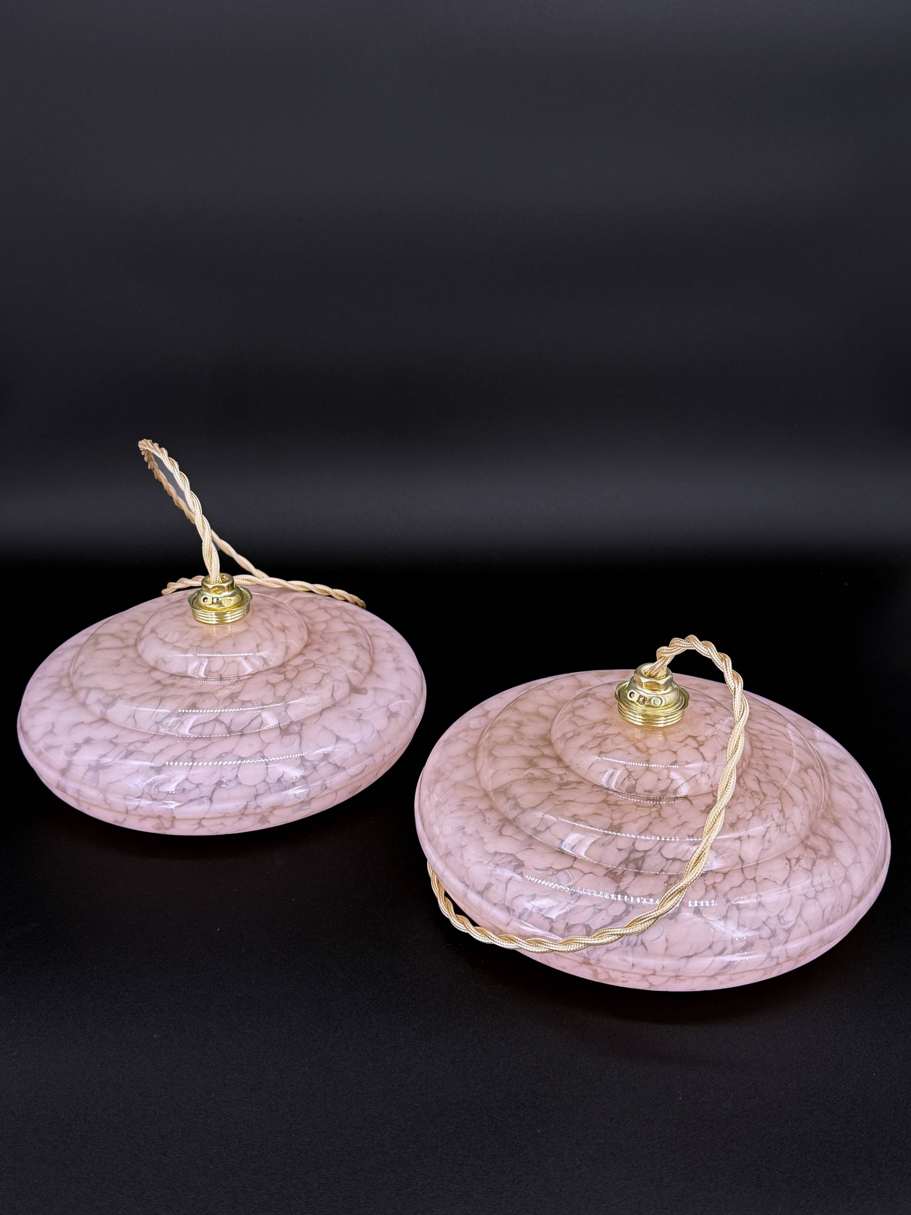 Pair of pink marbled Clichy glass pendant lights – 1950s