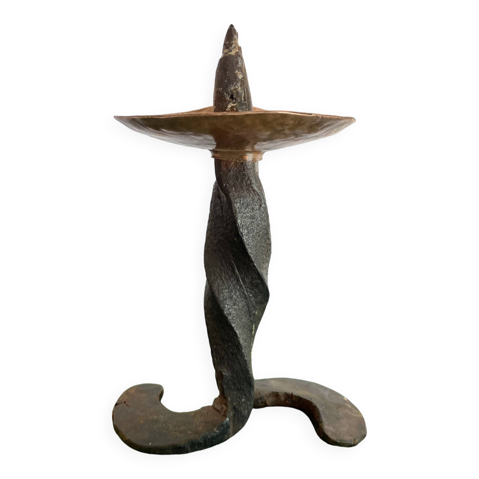 Brutalist wrought iron and brass candle holder