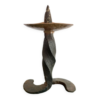Brutalist wrought iron and brass candle holder