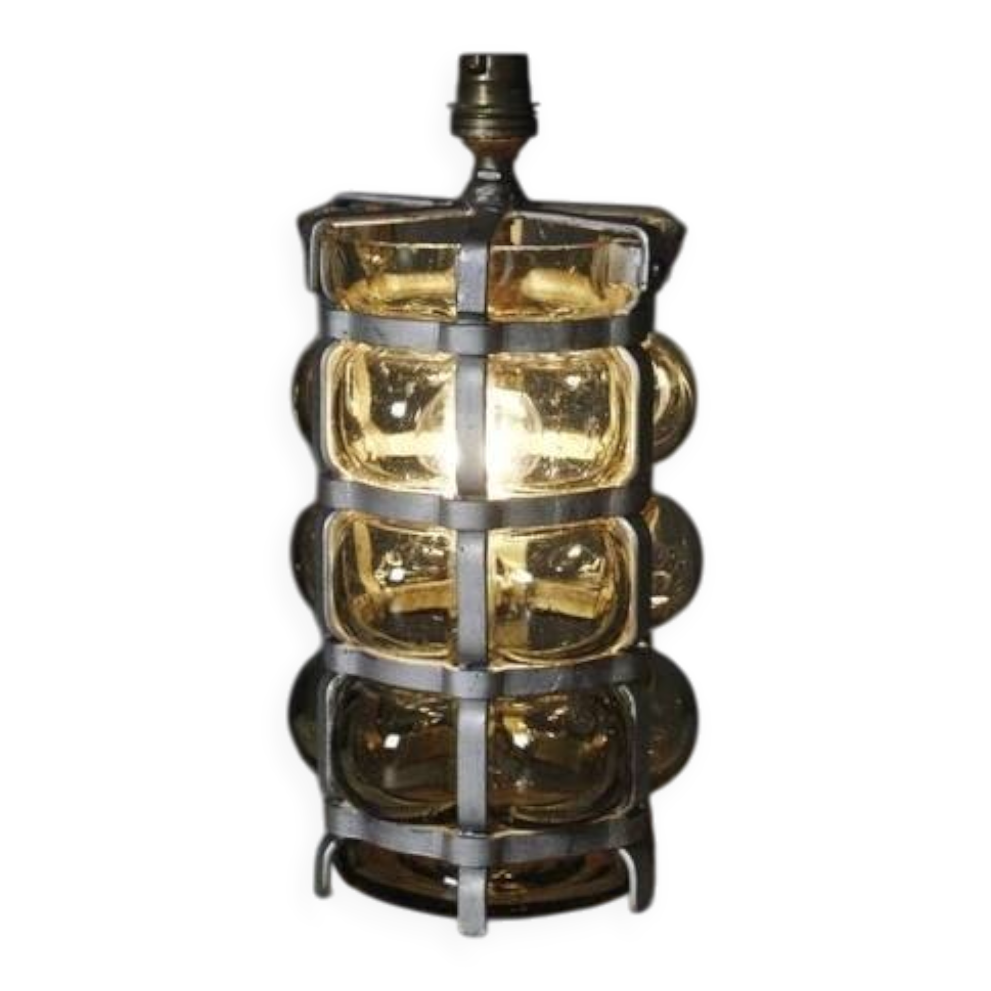 Vintage brutalist lamp with double lighting, blown glass in a cage, 20th-century design.