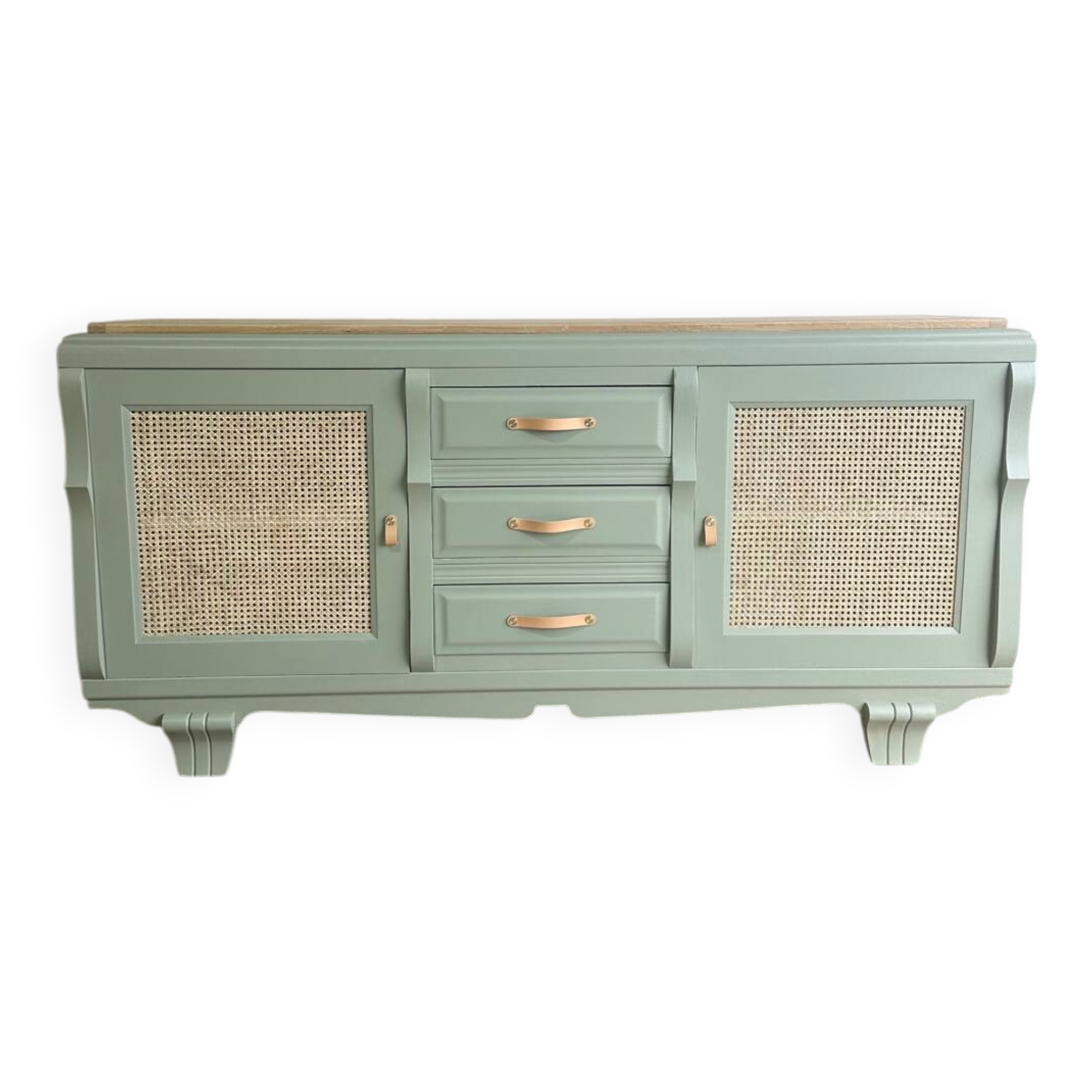 Renovated antique sideboard - blue-green, cane work and oak top