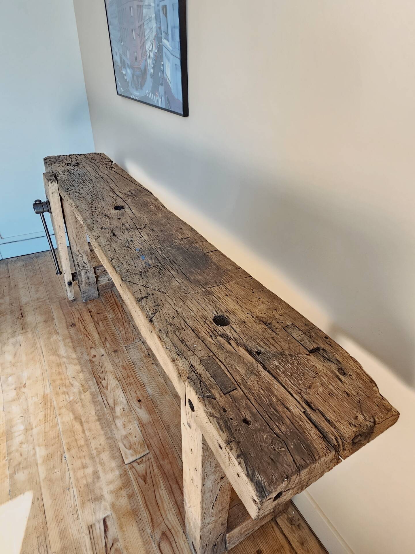 Ancien établi de menuisier – Console en bois massif