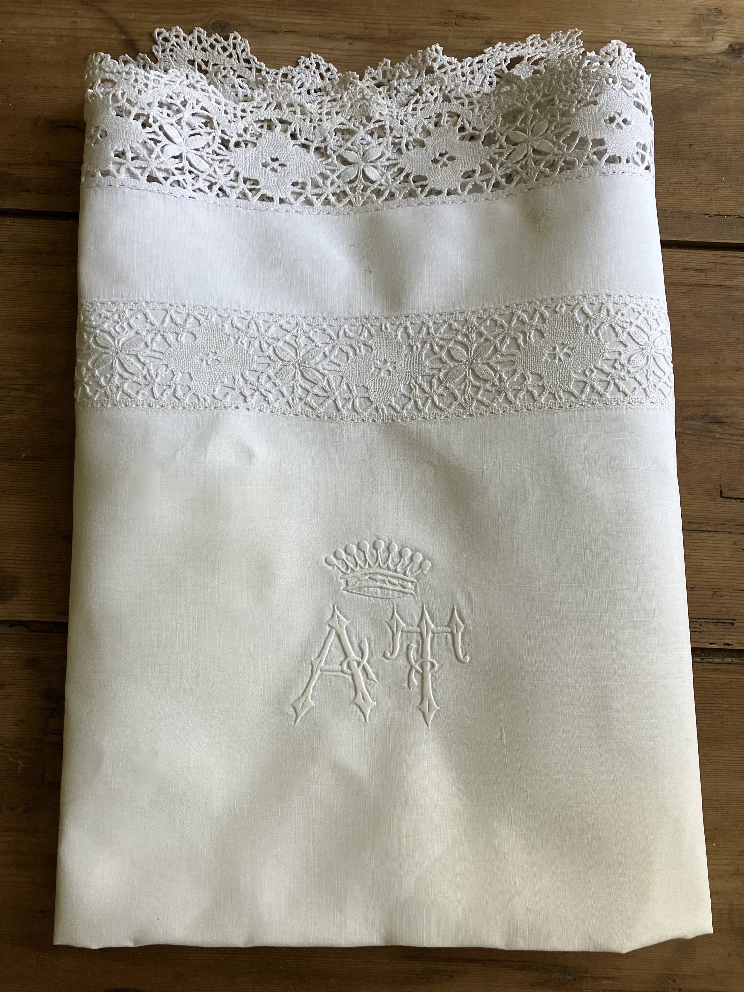 Old linen, pillowcase, AT monogram