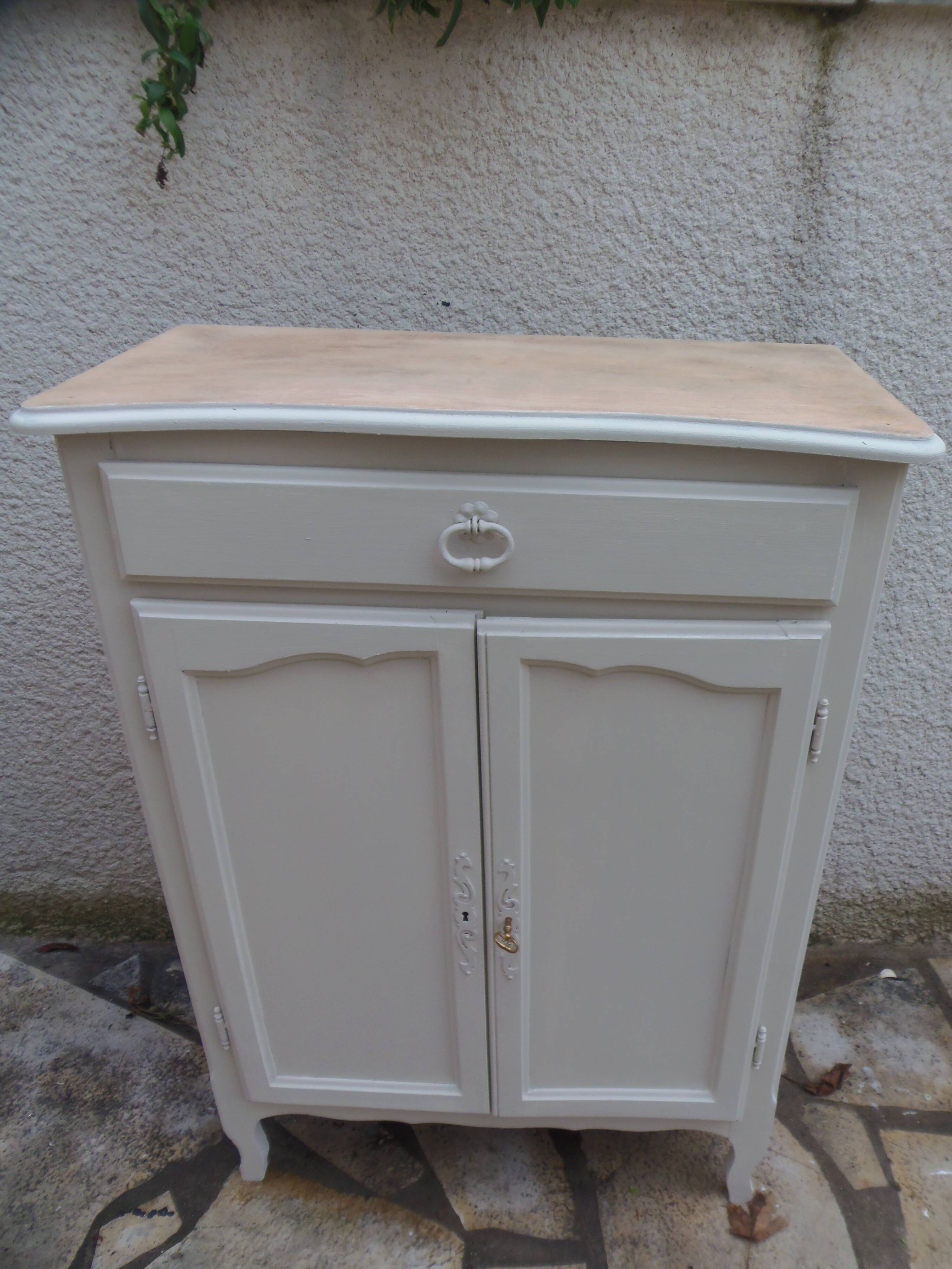 Small vintage buffet reimagined in pearl grey, wooden top.
