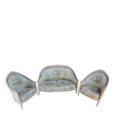Salon 3 pièces style Louis XVI — canapé + 2 fauteuils — bois laqué