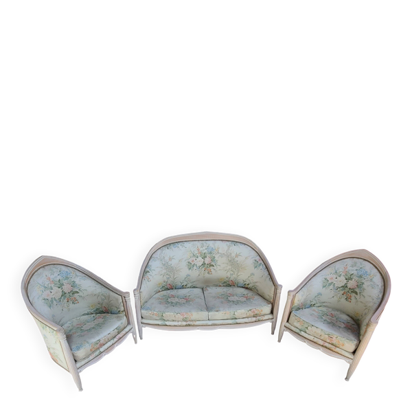 Salon 3 pièces style Louis XVI — canapé + 2 fauteuils — bois laqué