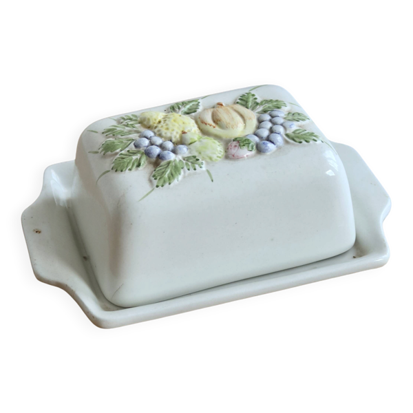Grand beurrier vintage faïence et barbotine motif fruits - Gerber Prestige