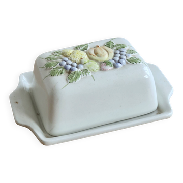 Grand beurrier vintage faïence et barbotine motif fruits - Gerber Prestige