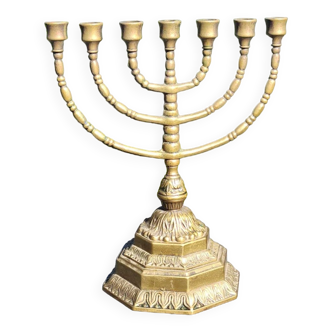 Large Menorah/Jewish/Hebrew Candlestick with 7 branches Hanouka, in brass. Israel