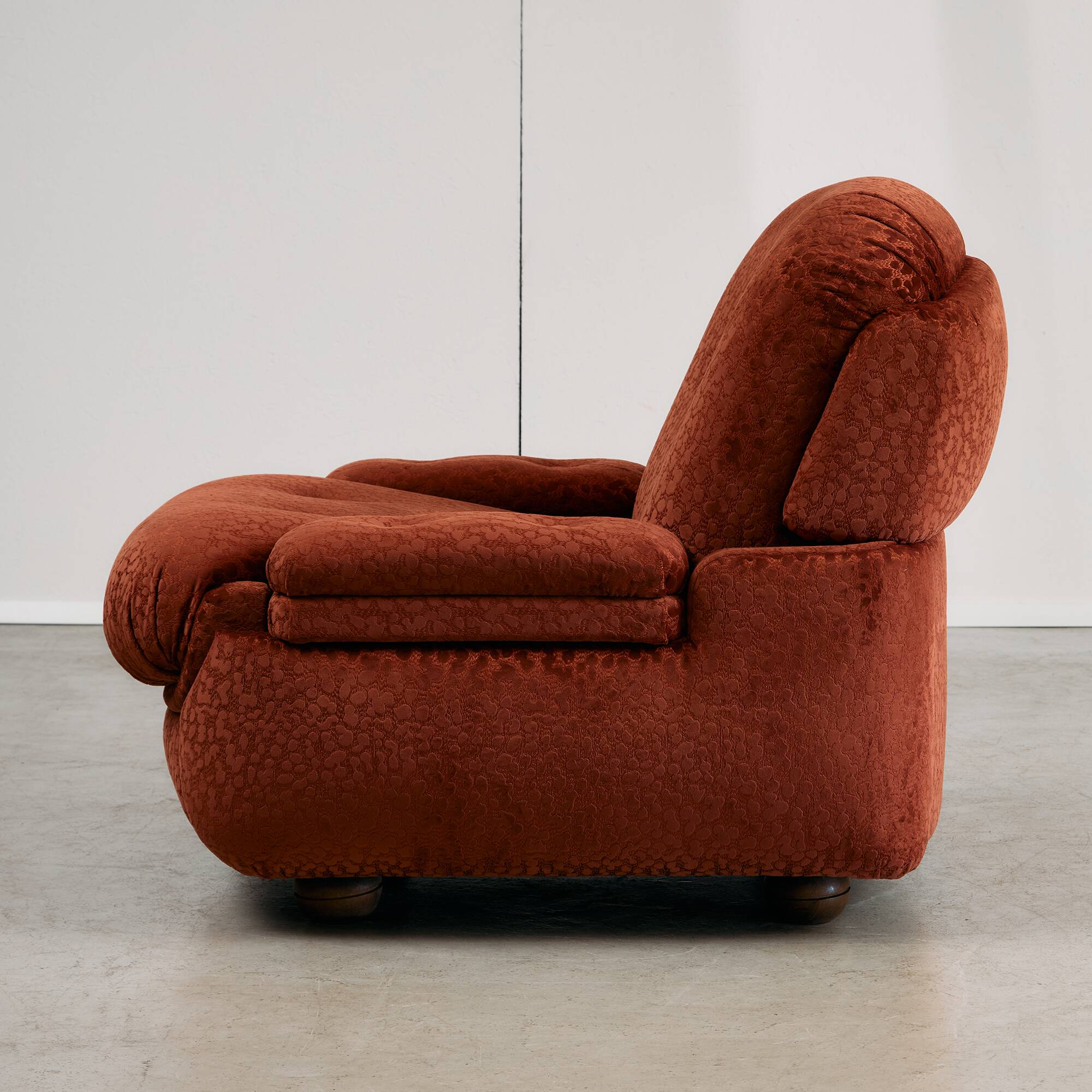 Velvet Armchair with Rounded Wooden Legs, 1970s