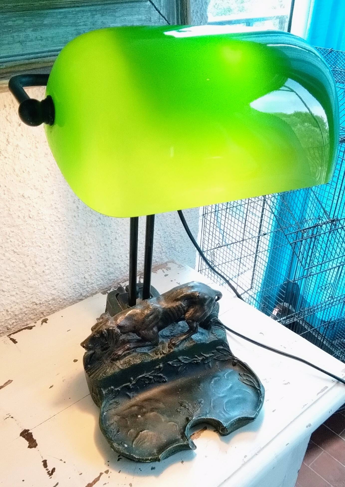 Banker's lamp with dog