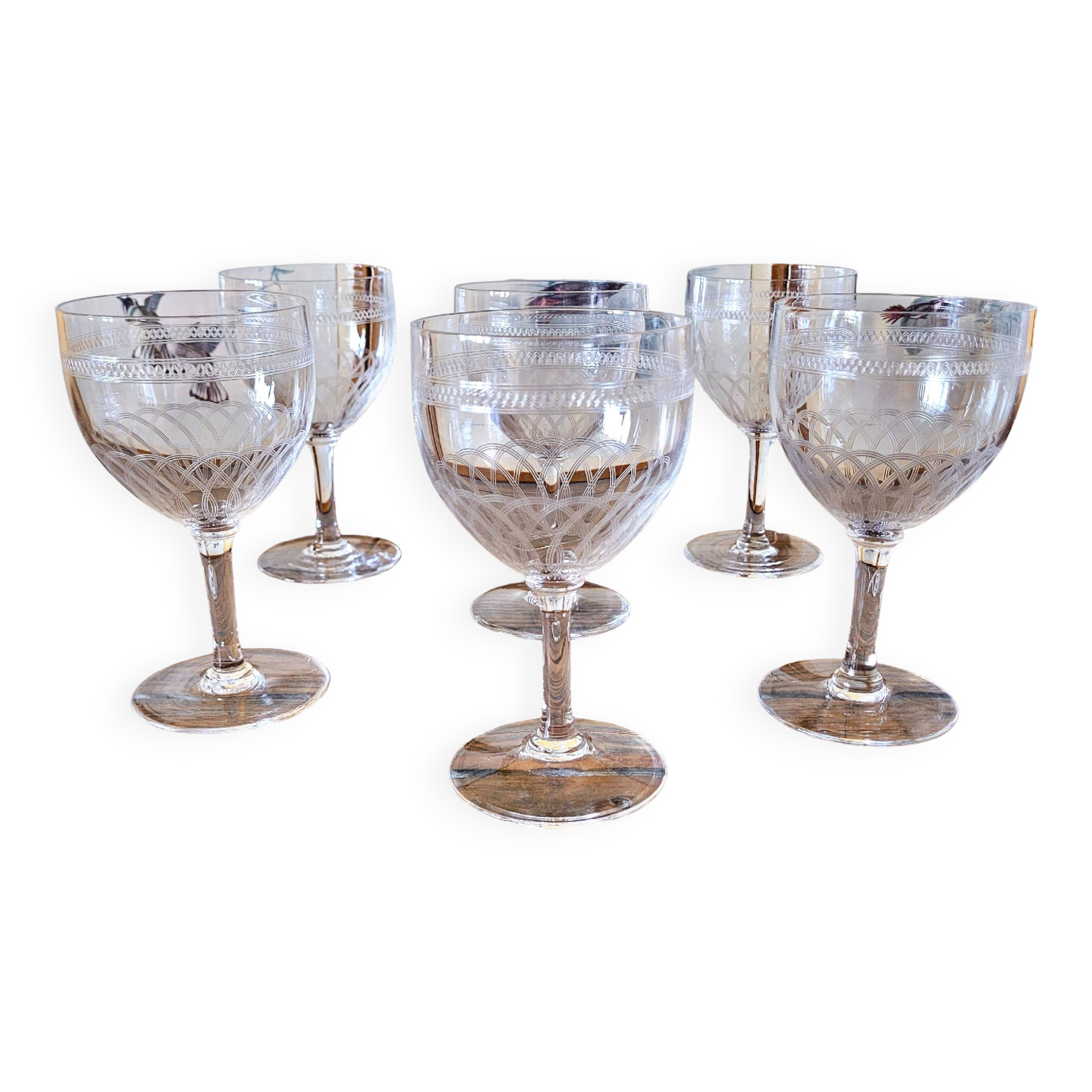 Guilloché crystal water (or wine) glasses, 19th-20th century (set of 6)