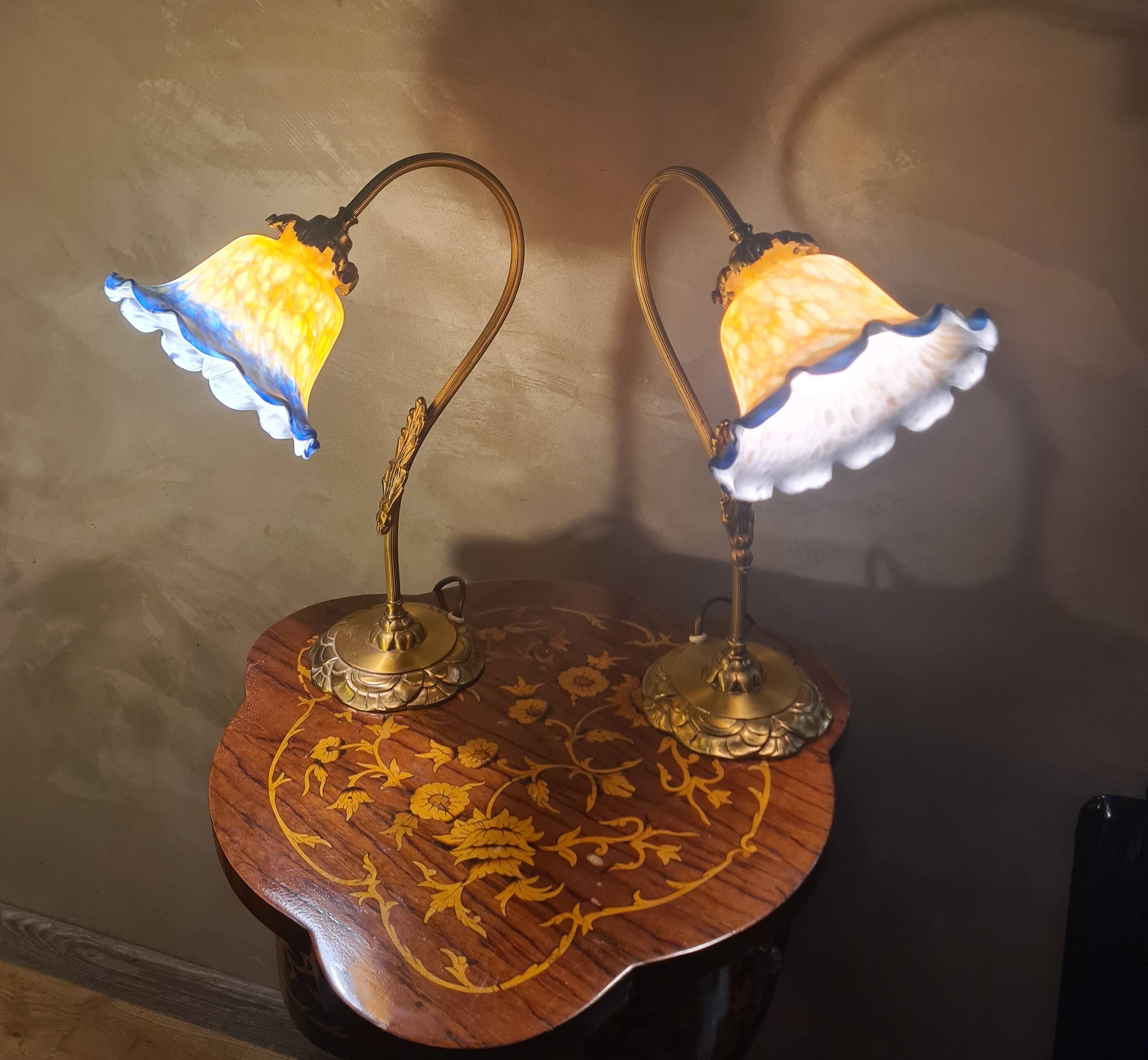 pair of brass bedside lamps 40x32 glass paste lampshade electric 1970s