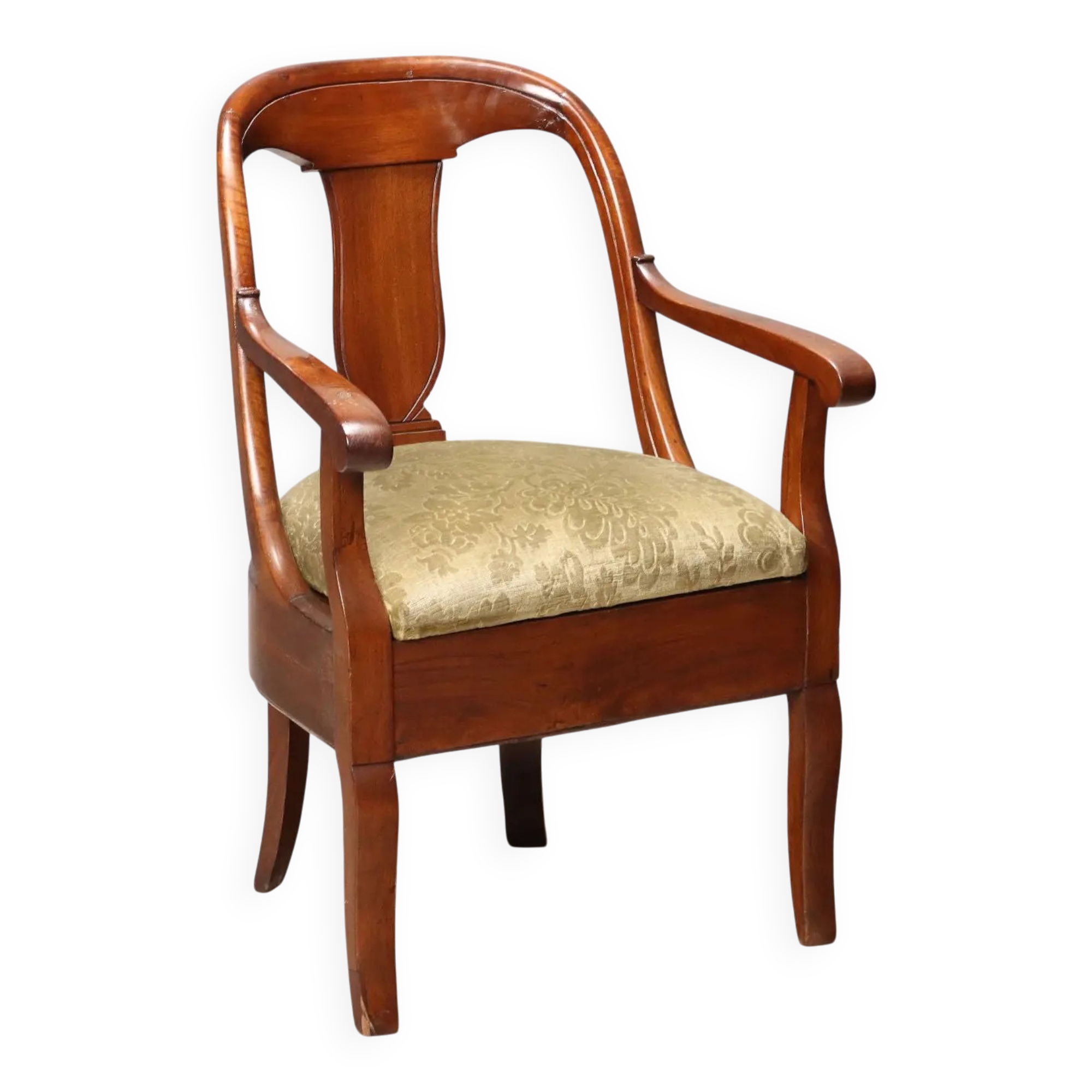 Antique Charles X armchair in walnut and fabric, Italy, mid-19th century.