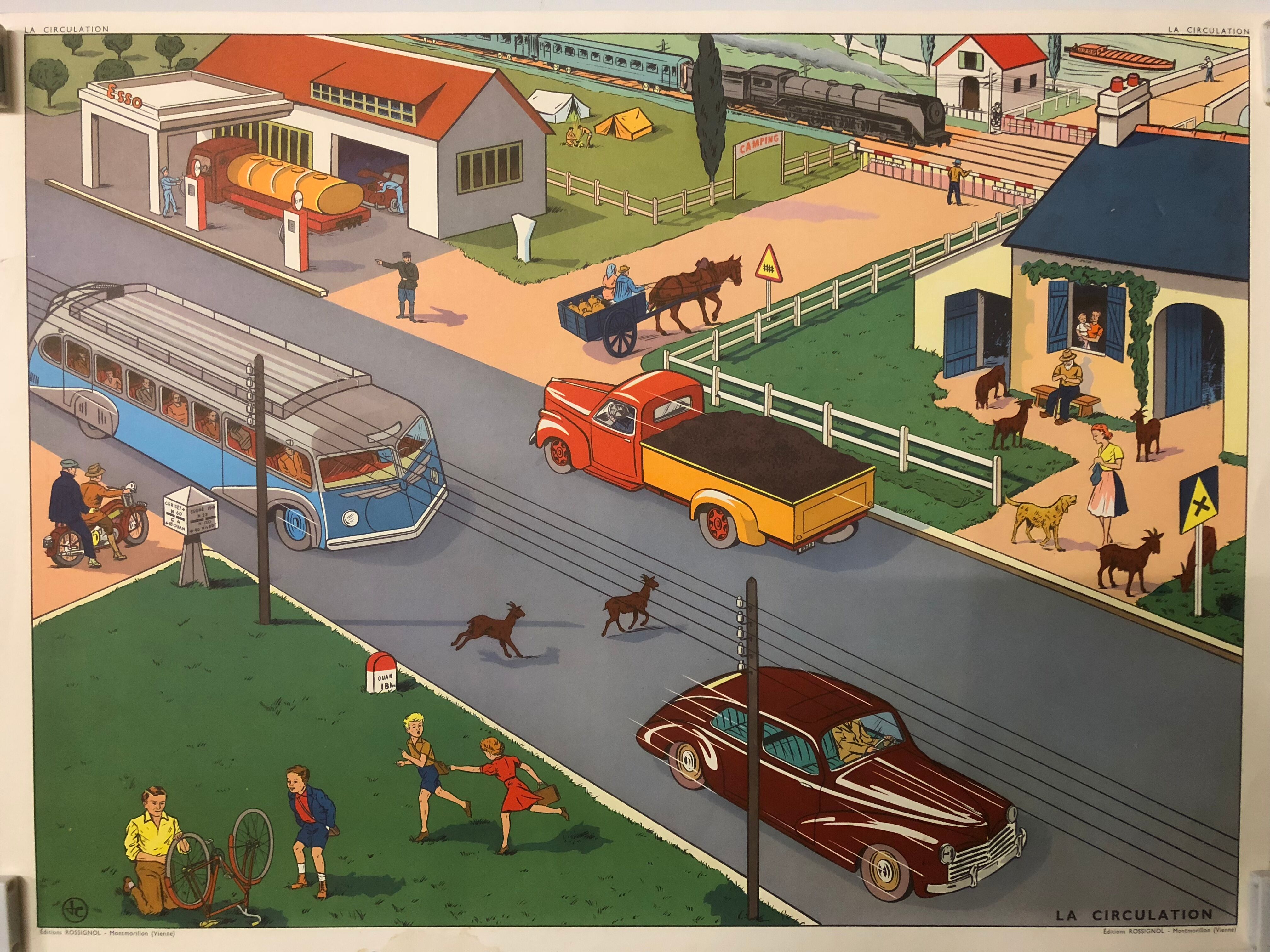 Vintage school poster of the restaurant and traffic