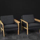 2 vintage oak and felt Danish chaise longues from the mid-century, 1960s.