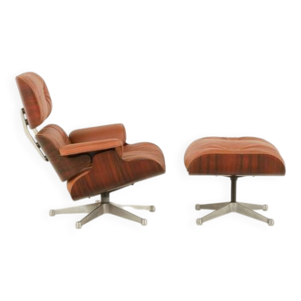 Lounge chair with footstool in aniline leather , 1970s