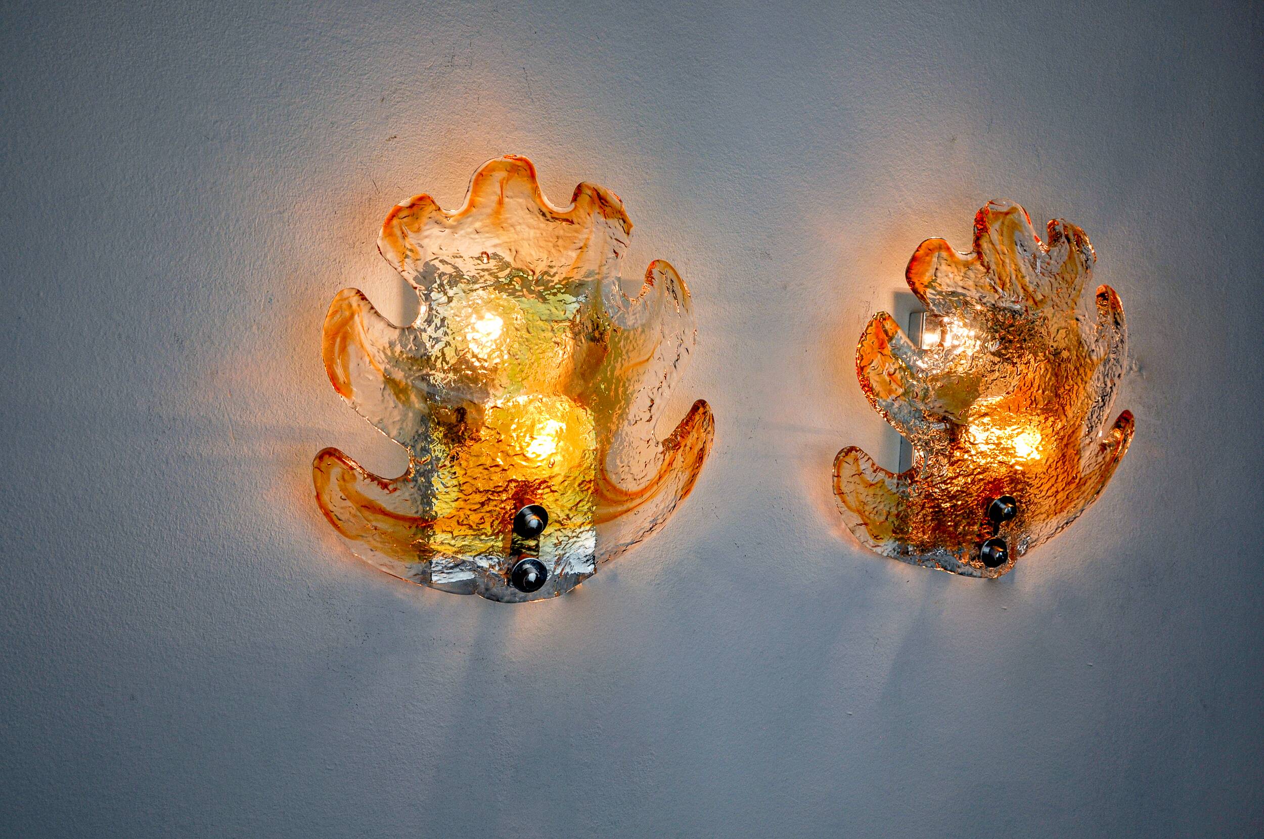 Pair of "leaf" wall lights by Murano Mazzega in orange frosted glass Italy 1970