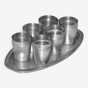 Six silver-plated glasses and their tray