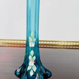 Turquoise soliflore bohemian crystal vase with enameled flower motifs