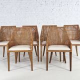 Rattan and Wood Chairs, France, Set of 6