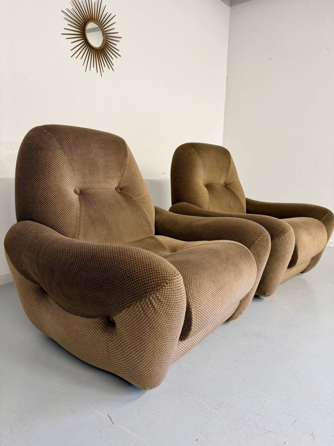 Lot of 2 cosy fabric armchairs, French design, vintage 1970s.