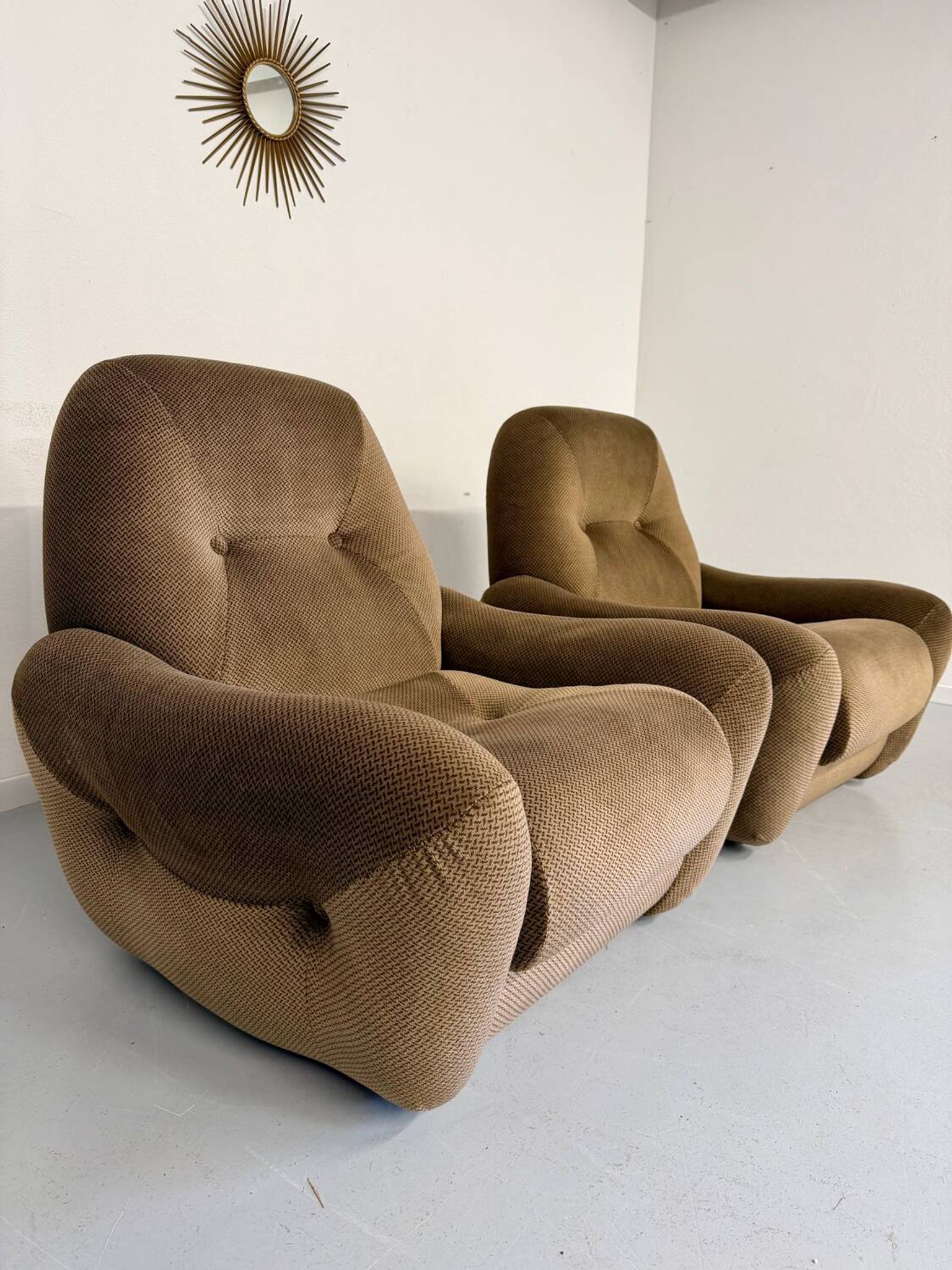 Lot of 2 cosy fabric armchairs, French design, vintage 1970s.