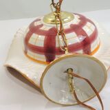 Vintage earthenware pendant light with a burgundy and ochre tartan pattern