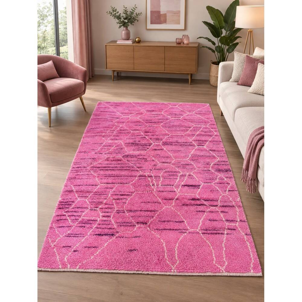 Handknotted Moroccan Design Pink Tulu Rug. 100% Wool. Modern Turkish Carpet
