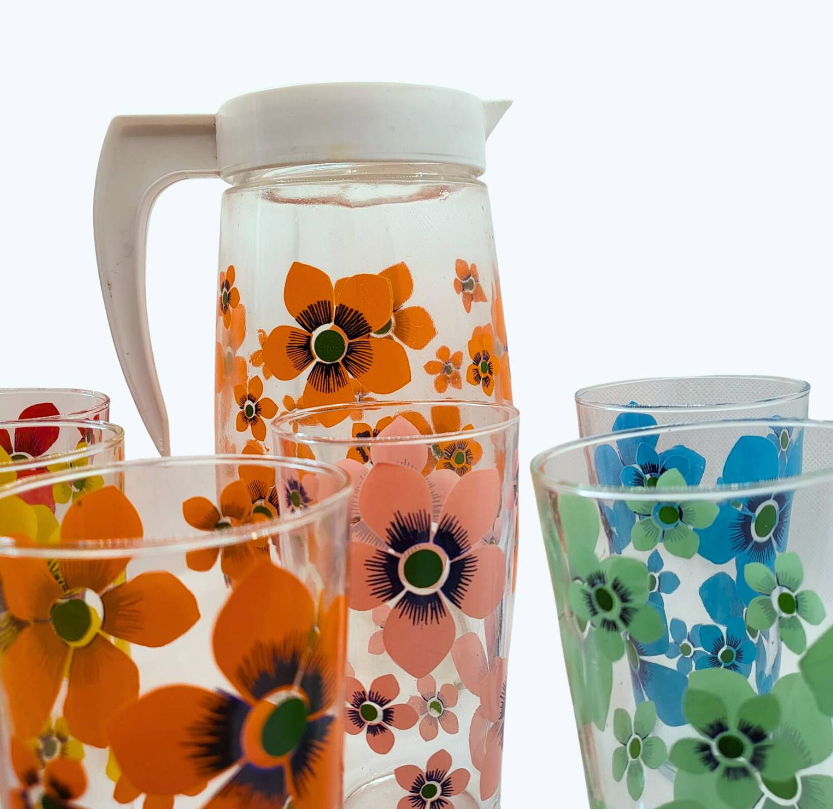 Flowered glass lemonade set, carafe and 6 matching glasses