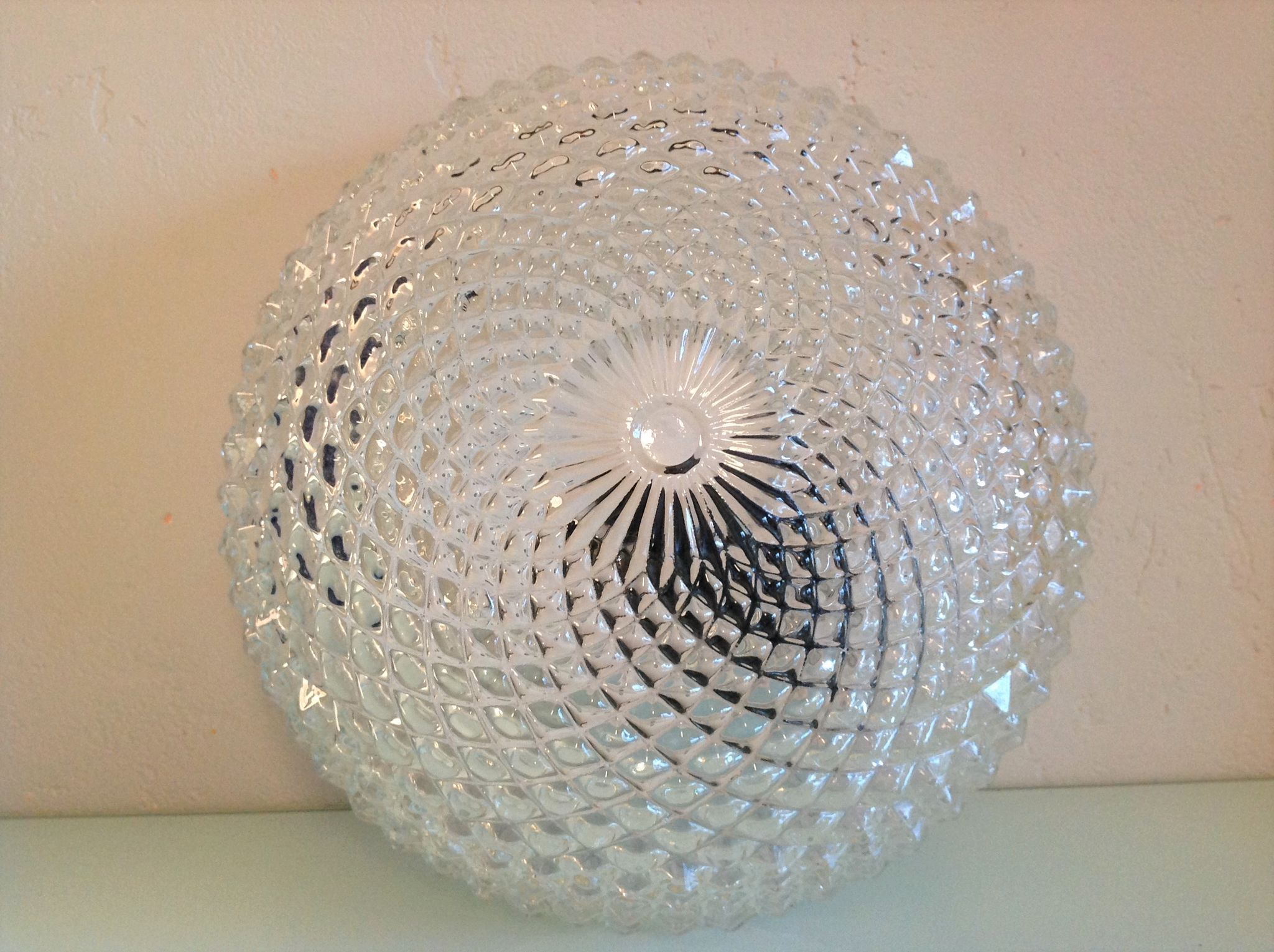 Round glass ceiling lamp diamond tips, vintage 60/70s