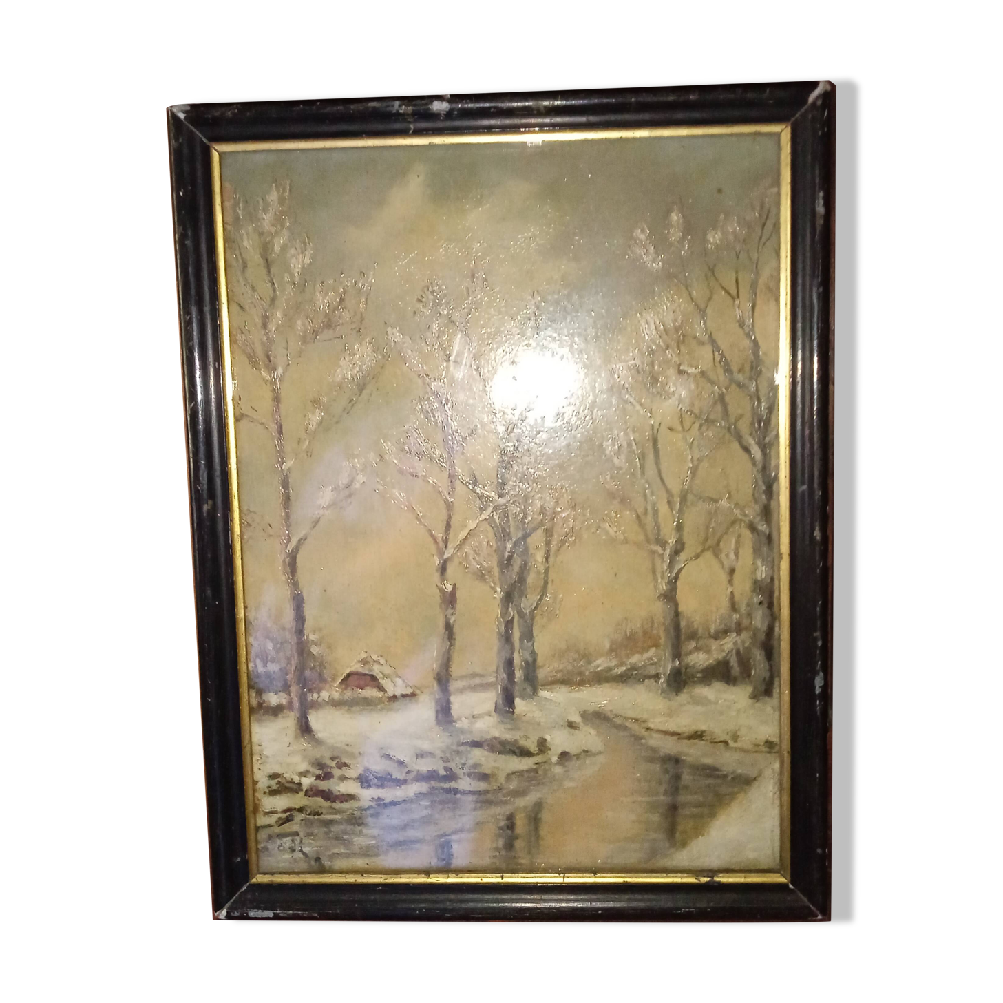 Old framed painting, oil "Wood under the snow", signed
