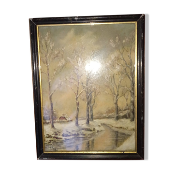 Tableau ancien encadré, huile "Bois sous la neige", signé