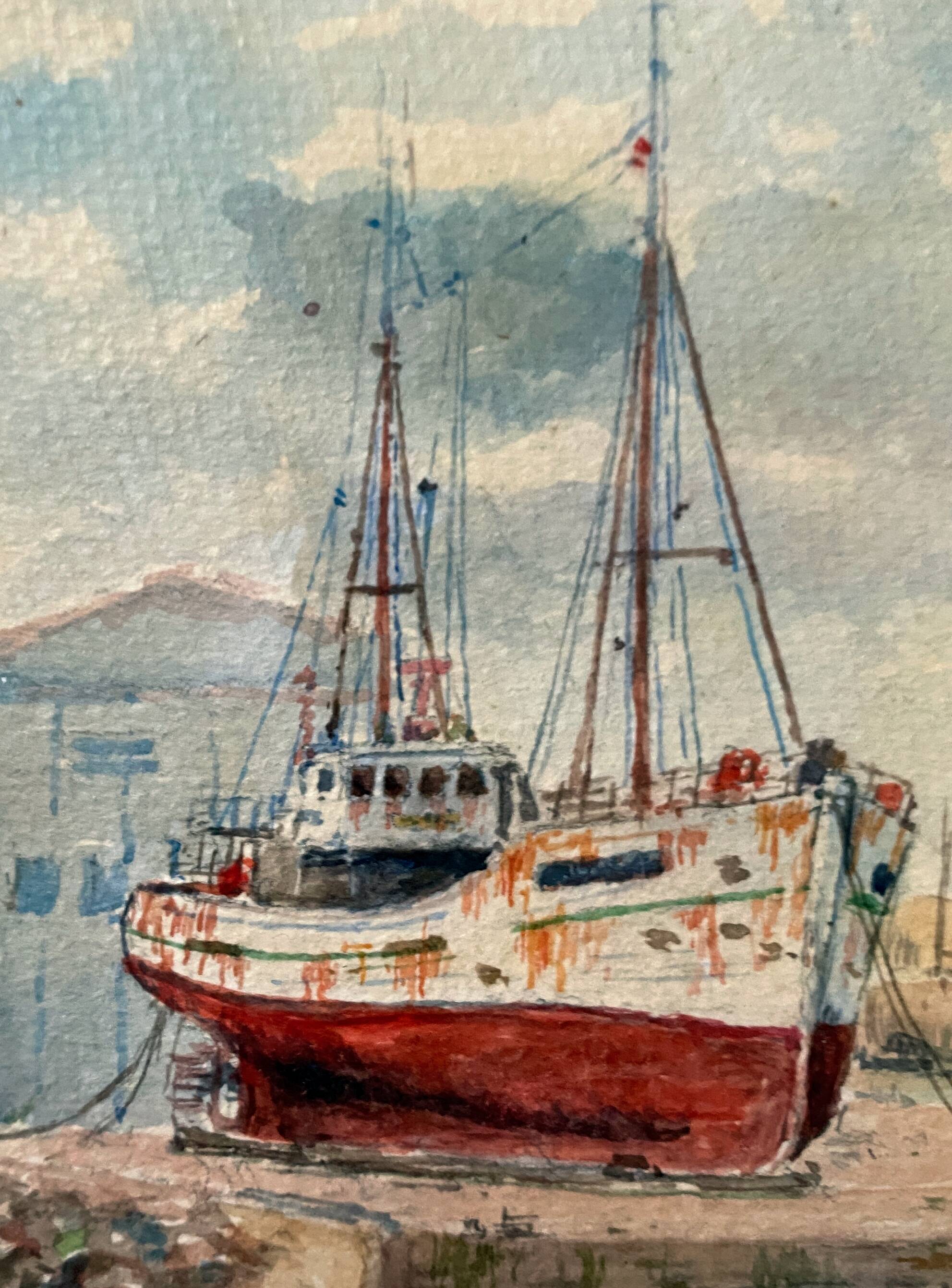 Watercolor painting "trawler in cable" signed vialet (19)83 + frame