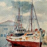 Watercolor painting "trawler in cable" signed vialet (19)83 + frame