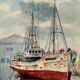 Watercolor painting "trawler in cable" signed vialet (19)83 + frame