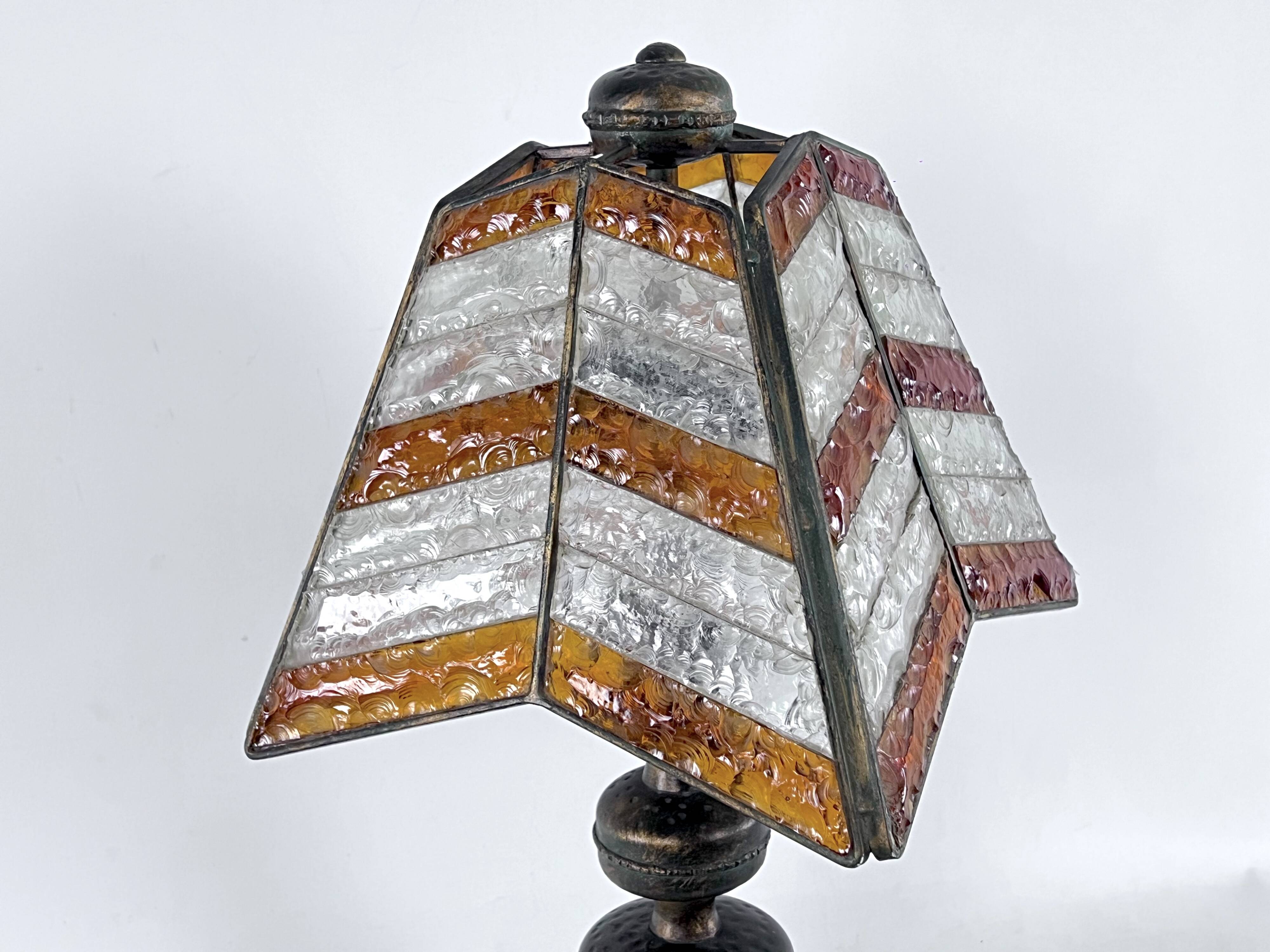 Monumental brutalist thick glass and metal table lamp by Longobard. Italy 1