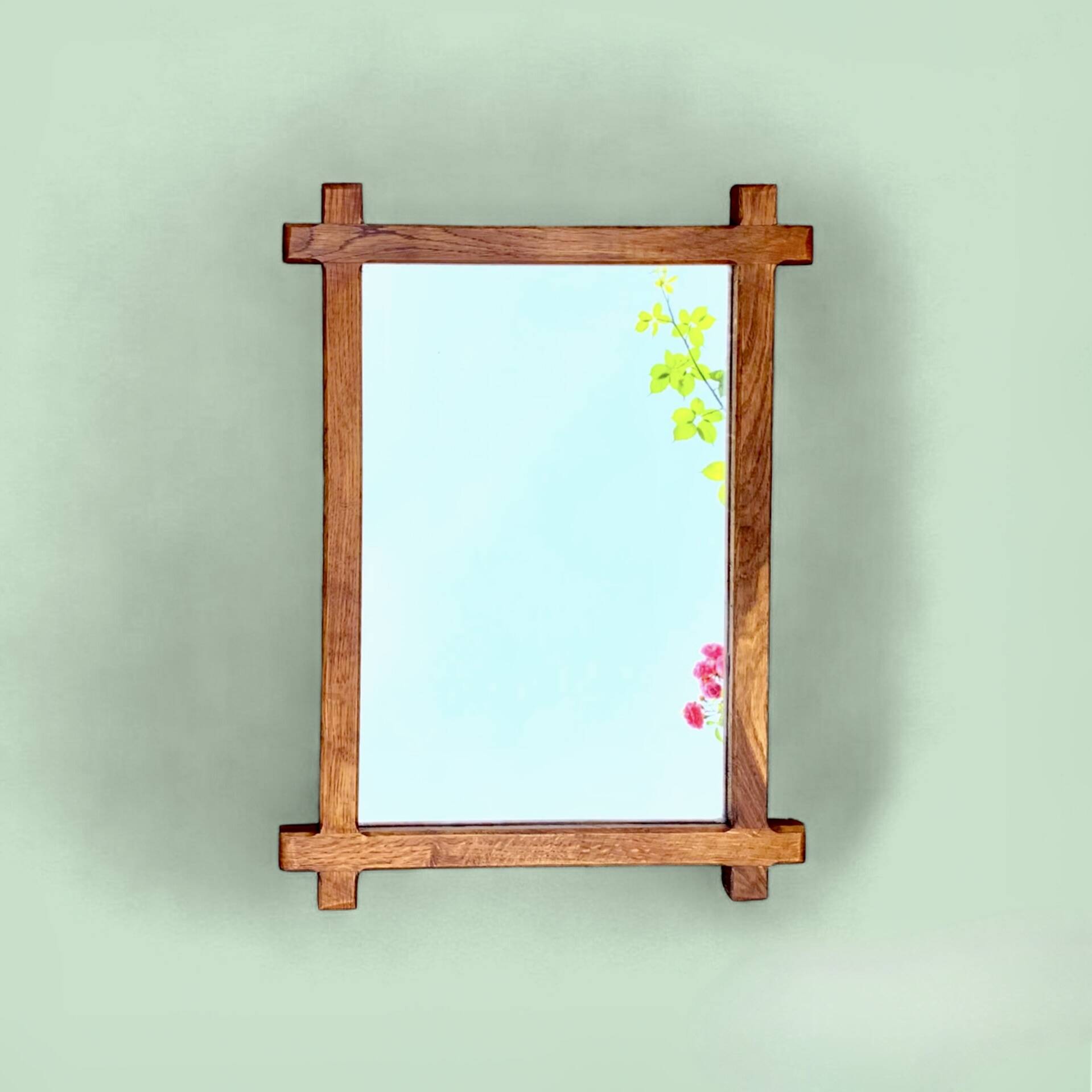 Vintage brutalist mirror with solid wood frame