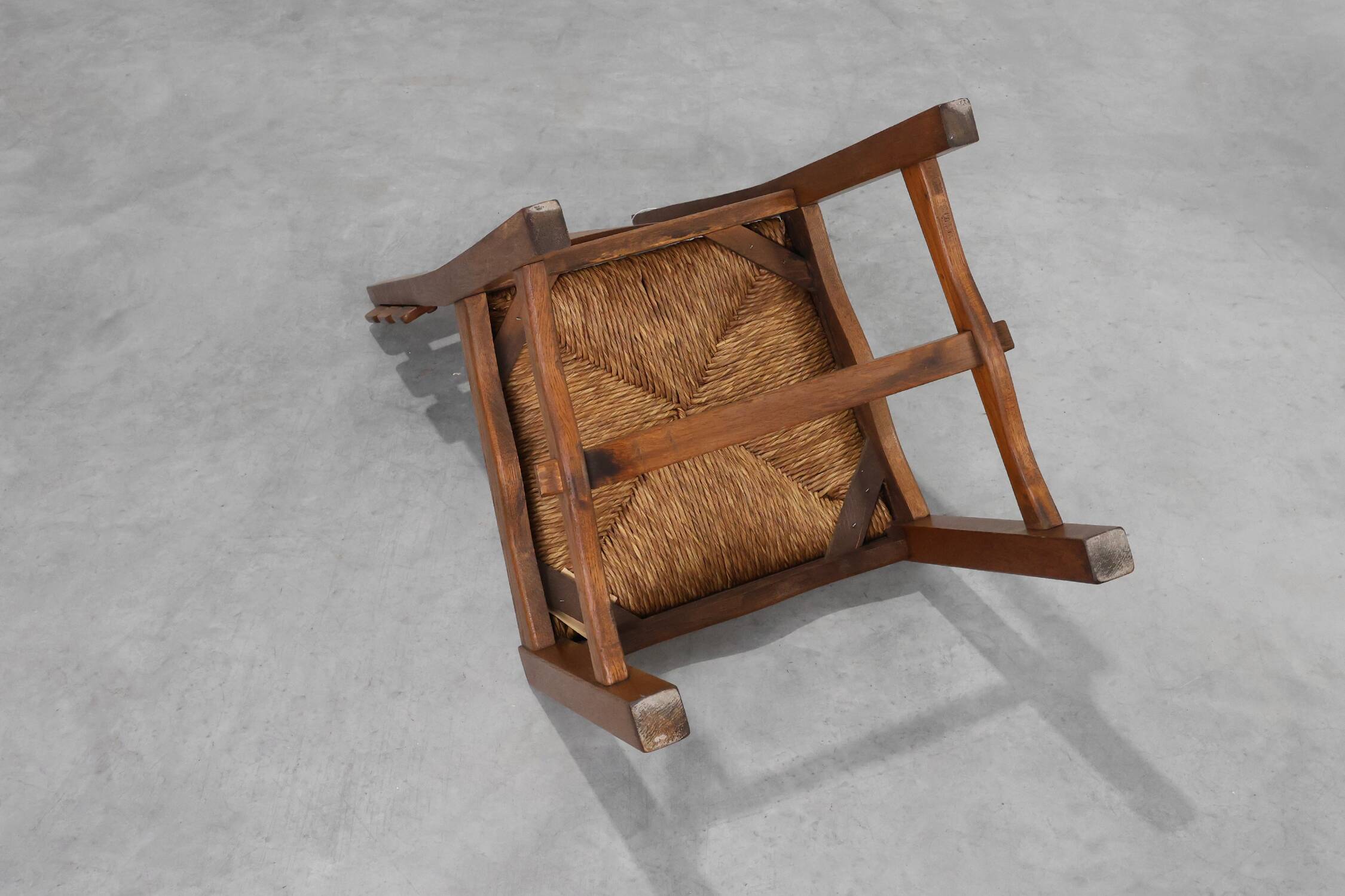 1960s Belgian Mid-Century Chair in Oak and Wicker, Brutalist Style