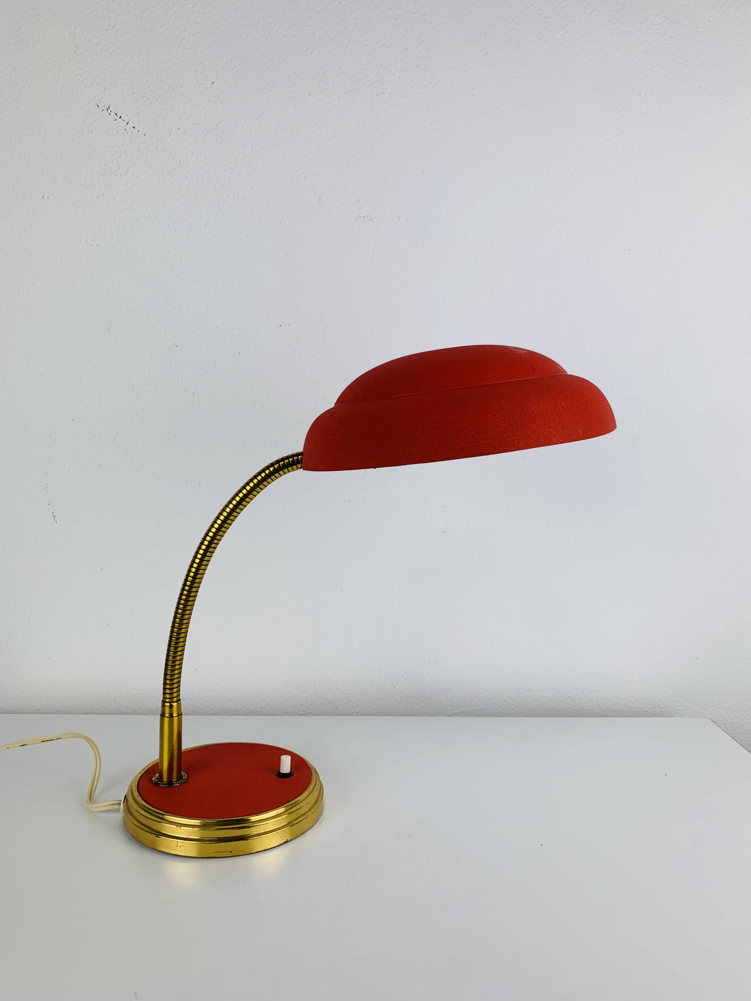 1950s desk lamp, red metal and brass